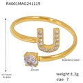 Golden stainless steel open ring featuring a zircon inlaid letter U and a round stone - Gold Letter U Ring (RA001)