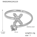Silver stainless steel open ring featuring zircon stone and letter X pave design - Letter X Ring (RA001) / Steel