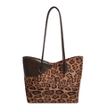 Chic leopard print oversized tote bag with premium brown leather straps for commuting - No Pendant / Brown