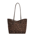 Retro leopard print tote bag with brown leather trim and long shoulder straps - No Pendant / Coffee