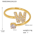 Gold plated stainless steel open ring featuring a zircon inlaid letter W design - Gold Letter W Ring - Size 7 (RA001)