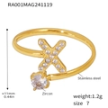 Gold plated stainless steel letter X open ring with micro pave cubic zirconia - Gold Letter X Ring - Size 7 (RA001)