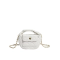 White quilted moon-shaped chain bag with gold camellia clasp and woven strap - White