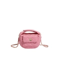 Pink quilted mini moon bag with gold chain strap and camellia flower metal clasp - Deep Pink