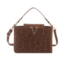 Fashionable leopard print shoulder bag with gold V-buckle and adjustable strap - Brown