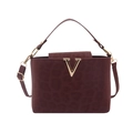 Burgundy handbag with leopard texture, gold V-buckle, and adjustable shoulder strap - Red