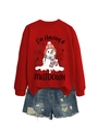 Detail of red crewneck sweatshirt with melting snowman print and distressed denim shorts - S / Red Sweatshirt (Black Graphic)