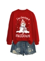 Detail of red sweatshirt with melting snowman print and ripped denim shorts - S / Red Sweatshirt (White Graphic)