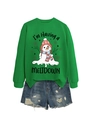 Detail of green crewneck sweatshirt with melting snowman print and distressed denim shorts - S / Grass Green Sweatshirt (Black Graphic)
