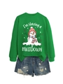 Detail of green crewneck sweatshirt with melting snowman print and denim shorts - Grass Green Sweatshirt (White Pattern) / S