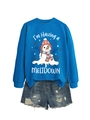 Flat lay of blue snowman sweatshirt and ripped denim shorts on white background - S / Tops / Lake Blue Sweatshirt (White Graphic)