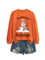 Close-up of orange sweatshirt featuring a melting snowman print and distressed denim shorts - S / Tops / Orange Sweatshirt (Black Text Graphic)