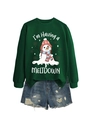 Detail of green sweatshirt with melting snowman print and distressed denim shorts - S / Tops / Dark Green Sweatshirt (White Text)