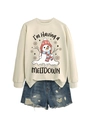 Detail of sweatshirt with snowman melting graphic and distressed denim shorts set - S / Tops / Sand Sweatshirt (Black Text)