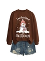 Close-up of melting snowman graphic and slogan on brown long sleeve crewneck sweatshirt - S / Tops / Coffee Sweatshirt (White Text)