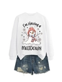 Detail of sweatshirt with melting snowman graphic and distressed denim shorts - S / Tops / White Sweatshirt (Black Text)
