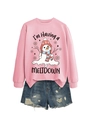 Detail of pink crewneck sweatshirt with melting snowman print and denim shorts - S / Tops / Pink Sweatshirt (Black Text)