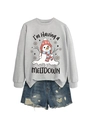 Detail of grey crewneck sweatshirt featuring a Melting Snowman graphic and denim shorts - S / Tops / Gray