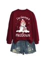 Detail of melting snowman print and 'I'm Having a MELTDOWN' text on burgundy sweatshirt - S / Tops / Burgundy