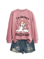 Detail of pink sweatshirt featuring a melting snowman print and distressed denim shorts - S / Tops / Rose Gold