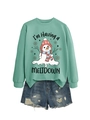 Detail of mint green sweatshirt with melting snowman print and fun text on fabric - S / Tops / Light Green
