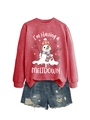 Detailed flat lay of red crewneck sweatshirt with melting snowman print and denim shorts - S / Tops / Red Sweatshirt (White Text)