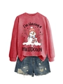 Red Meltdown snowman sweatshirt paired with distressed blue denim shorts flat lay - S / Tops / Red Sweatshirt (Black Text)