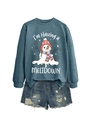 Navy sweatshirt with melting snowman print paired with ripped blue denim shorts - S / Tops / Blue Sweatshirt (White Text)