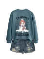 Detail of the melting snowman graphic print on a navy blue long sleeve sweatshirt - S / Tops / Blue Sweatshirt (Black Text)