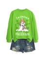 Detail of neon green sweatshirt with melting snowman print and funny slogan - S / Tops / Neon Green Sweatshirt (White Graphic)