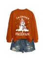Close-up of melting snowman print on burnt orange sweatshirt with Meltdown text detail - S / Tops / Rust Orange (White Graphic)