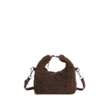 Bruine teddy fleece hobo tas met lederen riem en zilveren details op witte basis - Klein / Bruin