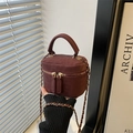 Elegant dark red suede mini vanity bag with gold chain strap and top handle style - Red