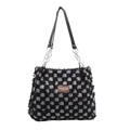 Checkerboard denim tote bag with frayed edges and chain straps for daily fashion - Black Checkerboard / Black