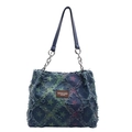 Retro distressed denim tote bag with star print, tassel trim and leather handles - Diamond Frayed / Teal
