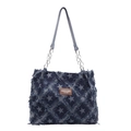 Borsa tote in denim con motivo a stelle, bordi sfrangiati e tracolla in pelle e catena - Blu scuro