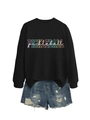 Detail of black Pickleball long sleeve sweatshirt with colorful artistic lettering design - S / Tops / Black Sweatshirt (White Text)