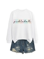 Flat lay detail of white pickleball sweatshirt with distressed denim shorts - S / Tops / White Sweatshirt (Black Text)