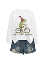 Détail de l'illustration de grenouille à vélo imprimée sur un sweat blanc à col rond - Blanc (Lettres Noires)