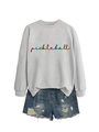 Detail of light grey crewneck sweatshirt with colorful Pickleball print and denim shorts - S / Tops / Grey (Black Print)