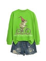Gros plan sur l'imprimé grenouille à vélo du sweat-shirt vert fluo rigolo - Vert fluorescent (Graphique blanc)
