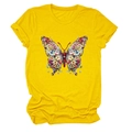 Détail de l'imprimé papillon floral sur le t-shirt jaune vif à col rond et manches courtes - S / Jaune