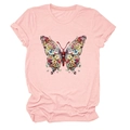 Gros plan sur l'imprimé papillon fleuri d'un t-shirt rose à col rond et manches courtes - S / Rose