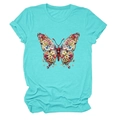 Détail de l'imprimé papillon fleuri sur un t-shirt turquoise à col rond en coton - S / Bleu Eau Profonde