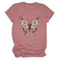 Détail de l'imprimé papillon floral sur un t-shirt mauve à manches courtes et col rond - S / Or rose