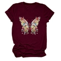 Détail de l'imprimé papillon fleuri sur un T-shirt bordeaux à manches courtes et col rond - S / Bordeaux