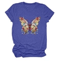 Gros plan sur l'imprimé papillon floral d'un t-shirt violet texturé à col rond et manches - S / Bleu Vintage