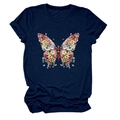Détail de l'imprimé papillon fleuri sur un T-shirt bleu marine à manches courtes - S / Bleu Marine