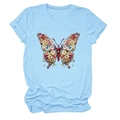 T-shirt bleu clair à col rond avec imprimé papillon fleuri coloré sur tissu doux - S / Bleu clair