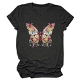 Détail macro de l'imprimé papillon floral sur un t-shirt gris foncé à col rond en coton - S / Noir